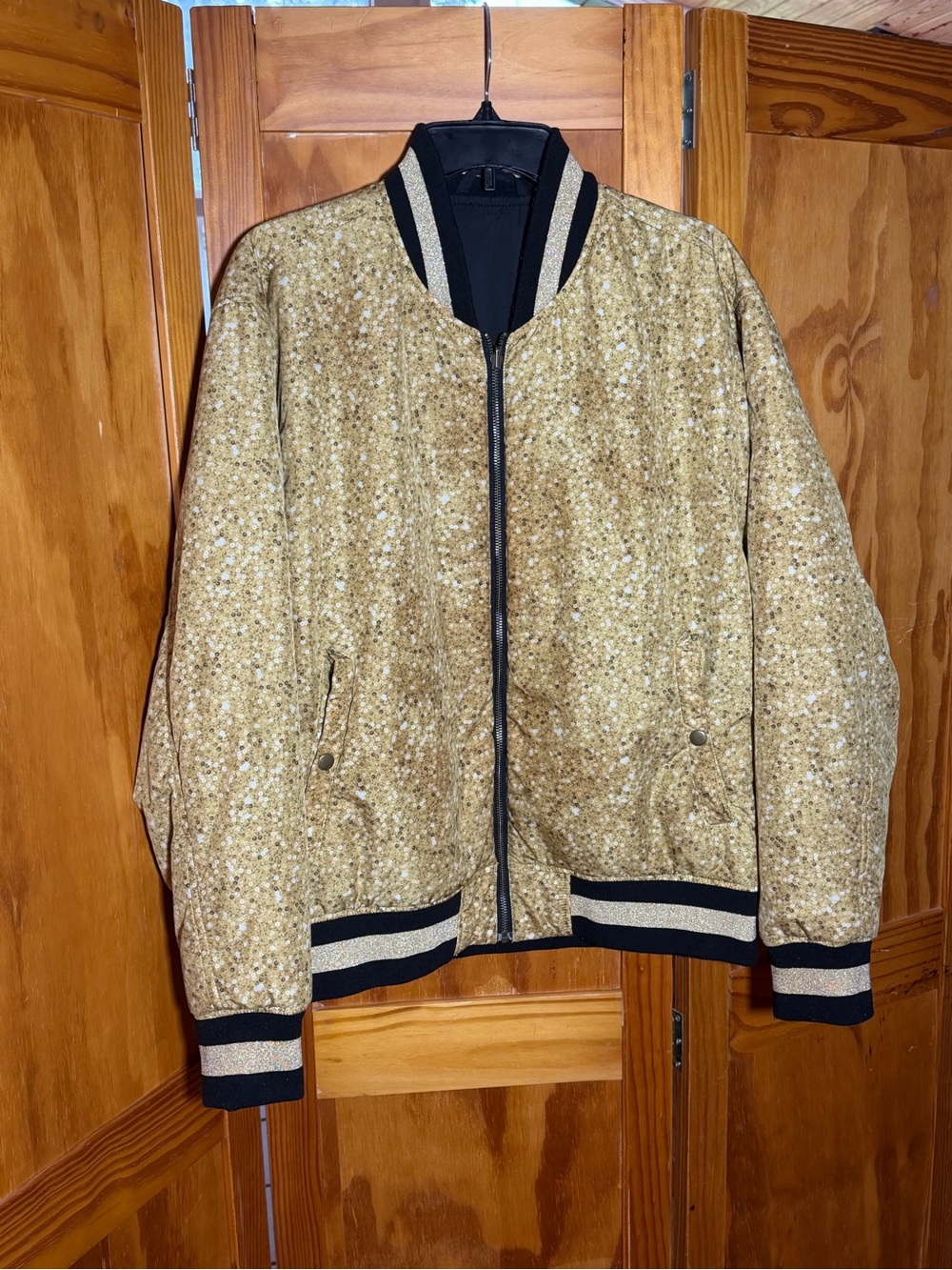 TALLIA Gold Sequin Bomber Jacket with Black Trim|Unisex|Sz XL